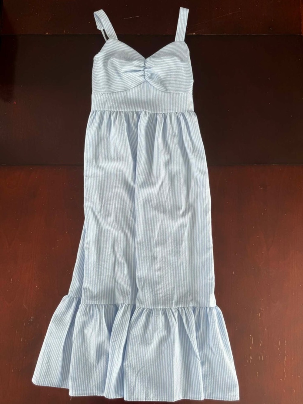 AVAILABLE Blue White Striped Seersucker Tiered Maxi Dress Nautical Coastal Boho - Picture 2 of 4